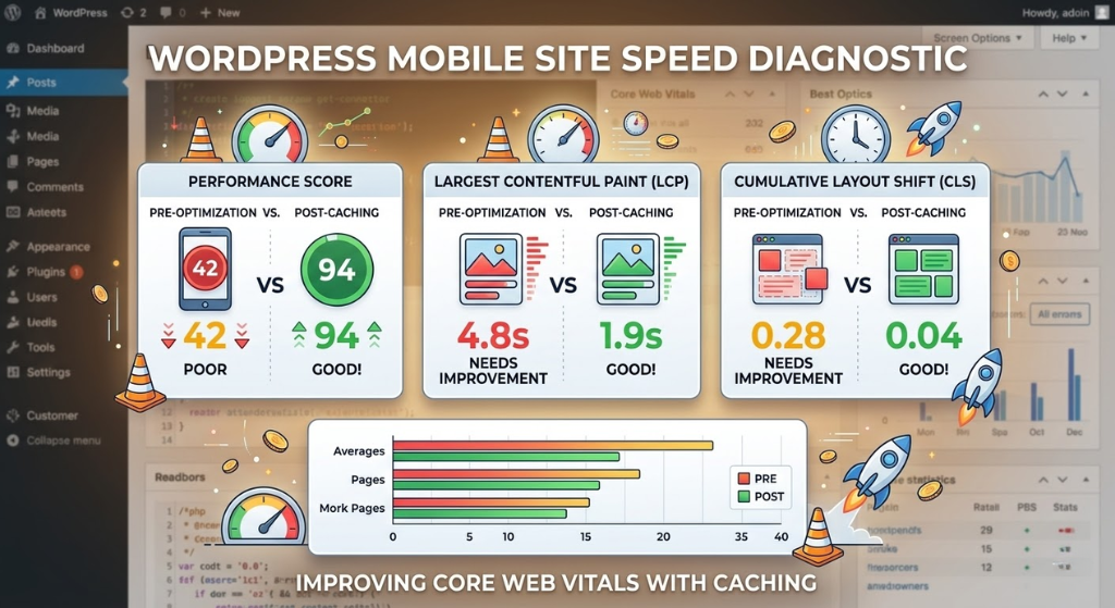 WordPress mobile site speed diagnostic chart showing LCP, CLS, and performance scores