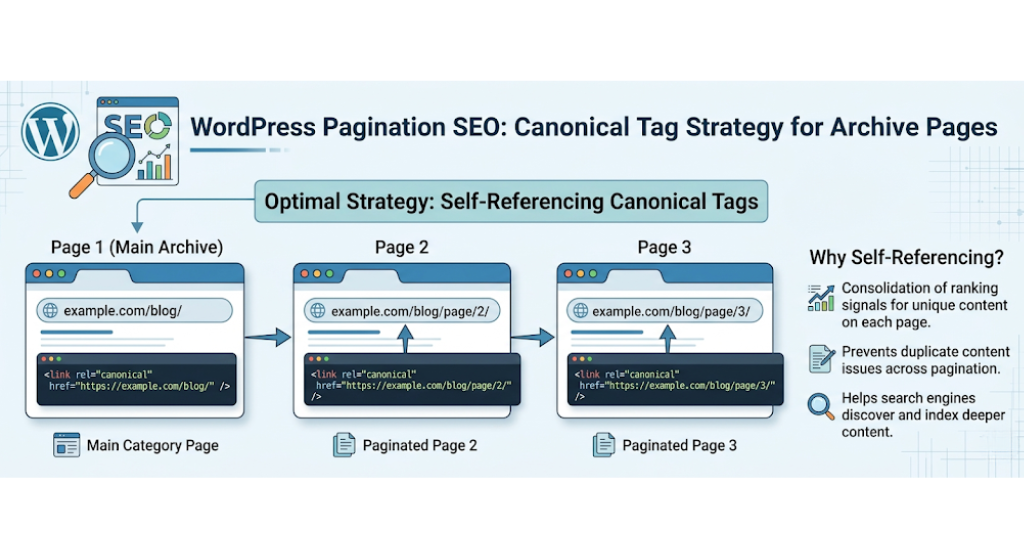 WordPress pagination SEO diagram showing canonical tag strategy for paginated archive pages