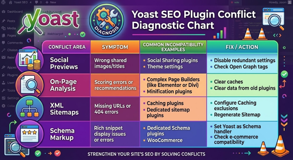 Yoast SEO plugin conflict diagnostic chart showing common WordPress plugin incompatibilities and fixes