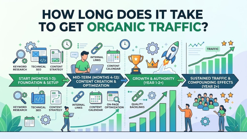 Growth analytics dashboard showing organic traffic timeline progression over months