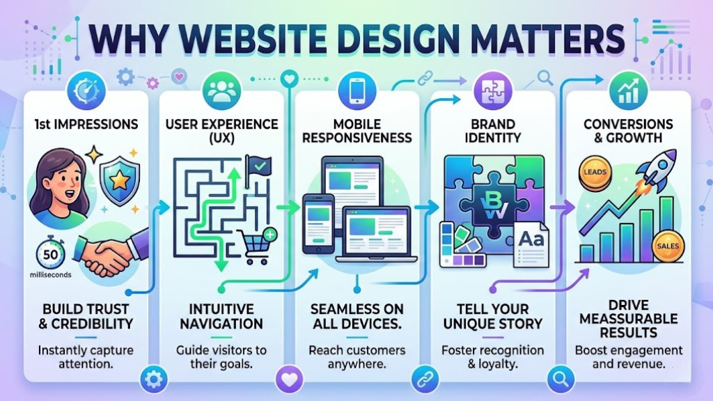 Professional web designer working on responsive website layout with design mockups