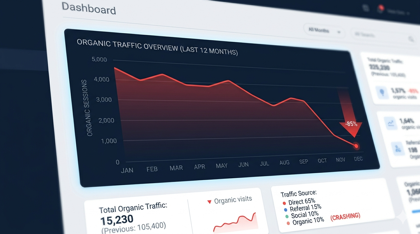 Dashboard showing a sharp decline in organic traffic graph