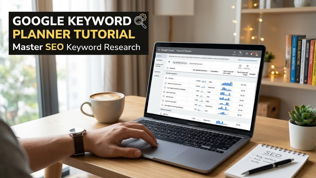 Google Keyword Planner tutorial — laptop showing analytics dashboard for SEO keyword research
