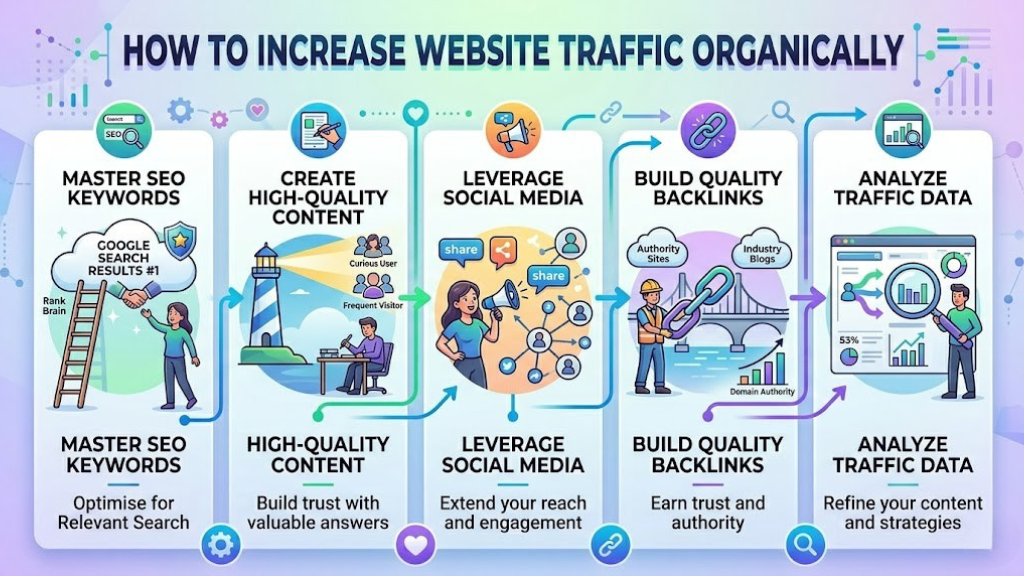 Analytics dashboard showing organic traffic growth and SEO metrics