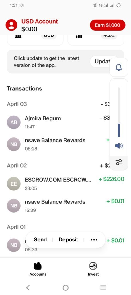 nsave app showing USD Account balance, transactions including nsave Balance Rewards, and Earn $1,000 promotion